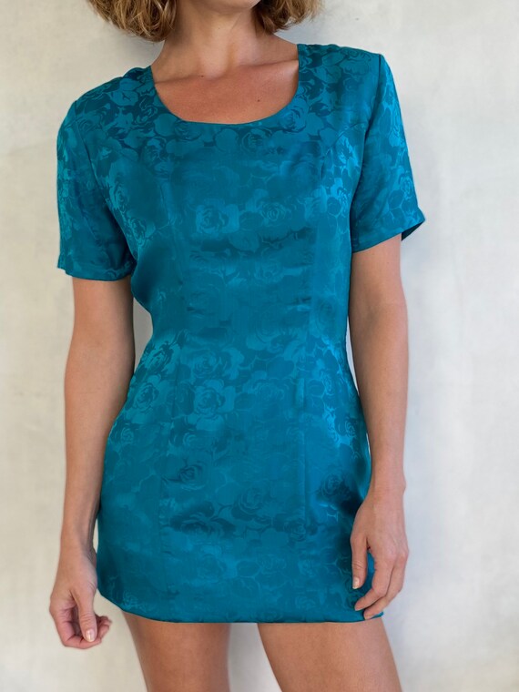 Stunning 80s Silk Turquoise Mini Dress - Teal Sho… - image 1