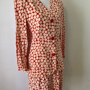 Vintage GIVENCHY 90s Jacket Blazer & Pleated Skirt Set 2 Piece Couture Red Cream Polka Dot Print image 3