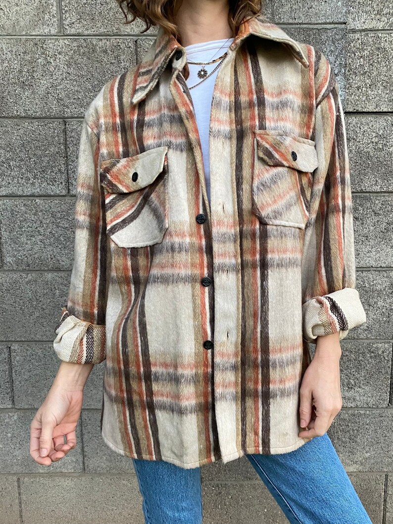 60s Vintage Mohawk Overshirt Button up Plaid Flannel Oversized Wool Linen Shirt imagem 4