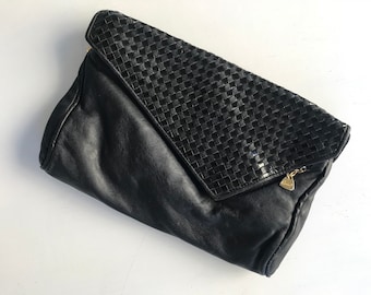 Minimalist 80s Black Leather Vintage Modern Genuine Napa Brio! Clutch Envelope Purse Bag