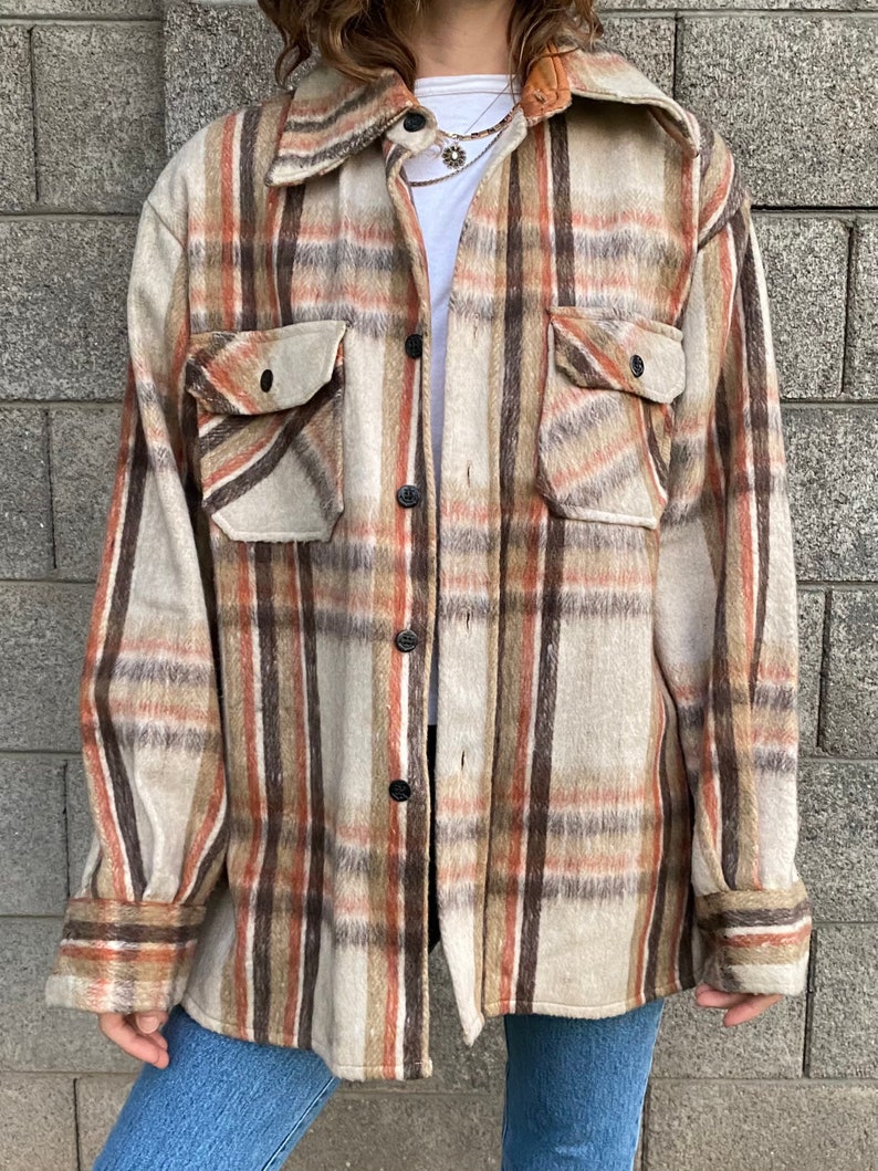 60s Vintage Mohawk Overshirt Button up Plaid Flannel Oversized Wool Linen Shirt image 3