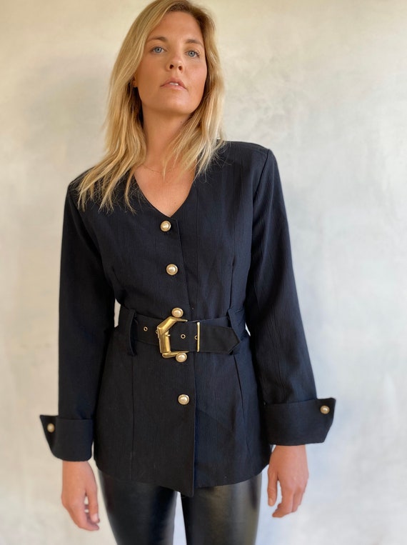 Sexy 80s Vintage Black Belted Fitted Blazer - Medi