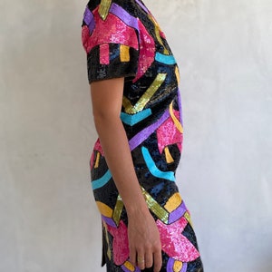 Extraordinary 1980s Vintage Geometric Shapes Sequin Statement Mini Dress Wearable Art Piece image 7