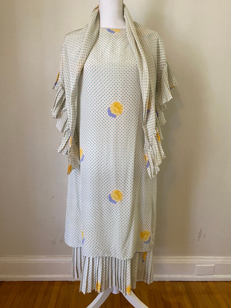 Vintage BILL BLASS 80s Silk Drop Waist Midi Dress & Scarf Cottage Core Floral Polka Dot 2 Piece Set image 9