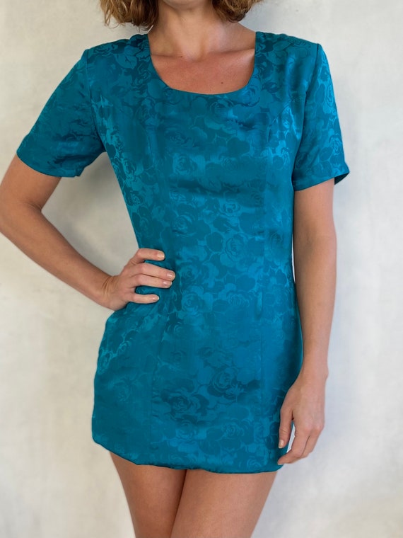 Stunning 80s Silk Turquoise Mini Dress - Teal Sho… - image 4