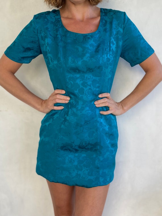 Stunning 80s Silk Turquoise Mini Dress - Teal Sho… - image 5