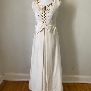 60s Vintage Cream Sleeveless Maxi Gown w/ Bow 1960s Gold Beaded Long Party Wedding Dress image 2