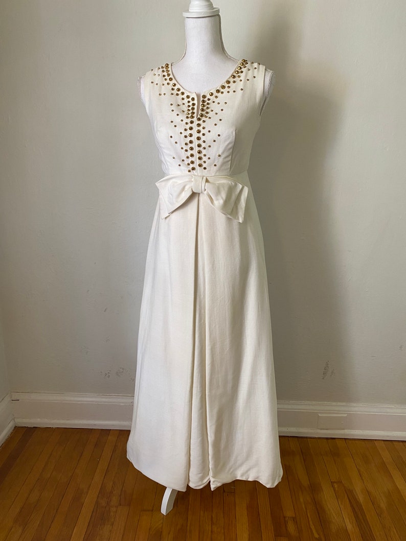 60s Vintage Cream Sleeveless Maxi Gown w/ Bow 1960s Gold Beaded Long Party Wedding Dress image 2