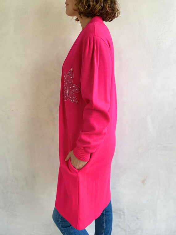 80s Vintage Fuchsia Pink Sequin Flower Cardigan -… - image 4