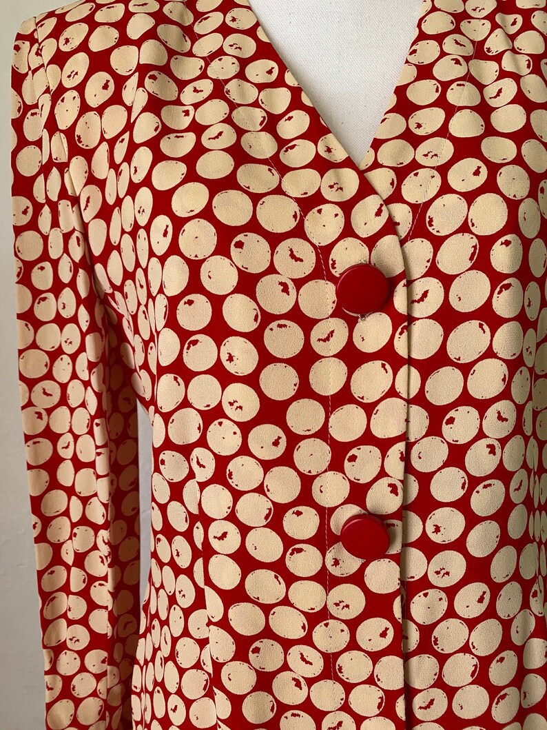 Vintage GIVENCHY 90s Jacket Blazer & Pleated Skirt Set 2 Piece Couture Red Cream Polka Dot Print image 8