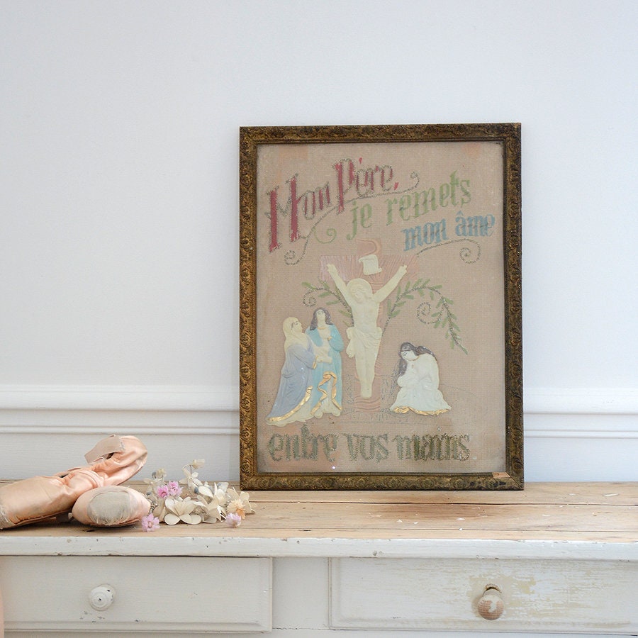 Beau Cadre Religieux Brodé à La Main Antique