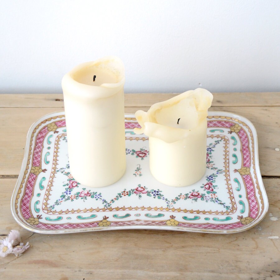 Superbe Antique Français Maison Peinte à La Main Servant/Plat de Bougie Plateau