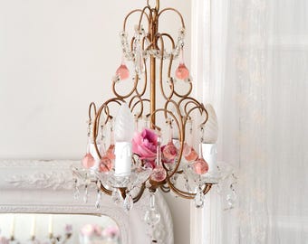 Vintage Pink Drops Chandelier with Millinery Flower