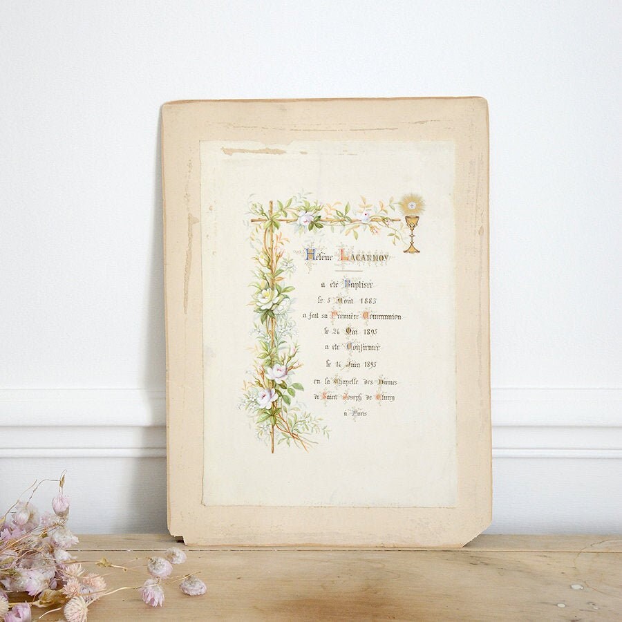 Souvenir Parisien de Baptême Fait à La Main Des Années 1800