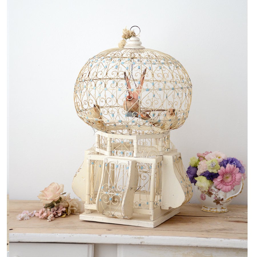 Superbe Large Cage à Oiseaux Vintage avec de Beaux Décoratifs Fanés