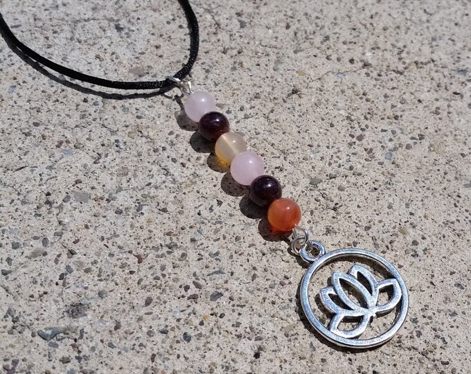Adjustable Size Natural Stone Fertility Lotus Flower Necklace: Carnelian Rose Quartz Garnet Genuine Gemstone Healing Crystal