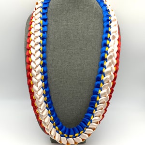 Red White Blue and Gold Double Ribbon Lei - Filipino Flag Inspired