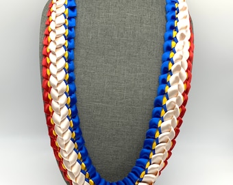 Red White Blue and Gold Double Ribbon Lei - Filipino Flag Inspired