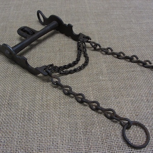 May include: A rusty metal horse bit with a chain attached to each side. The bit has a metal bar with a small gear on one end and a ring on the other end.