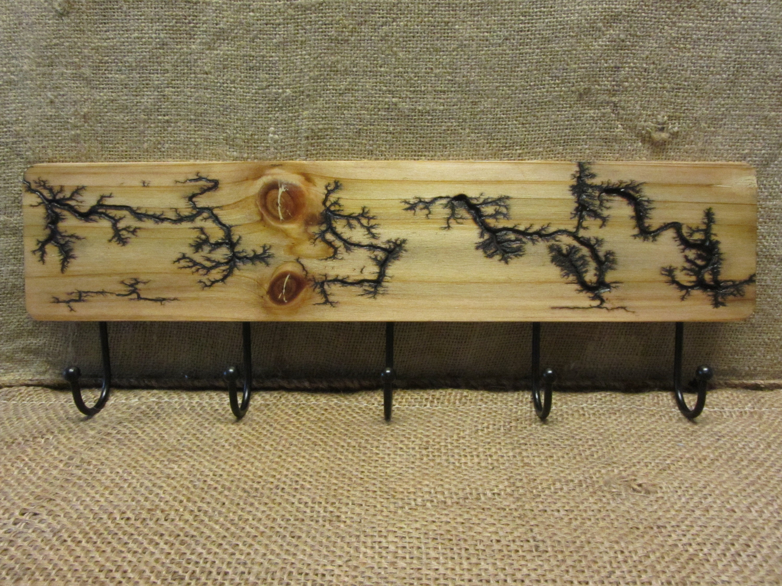 High Voltage Wood Coat, Hat, Key Rack Art, Electrocuted Burned Wall