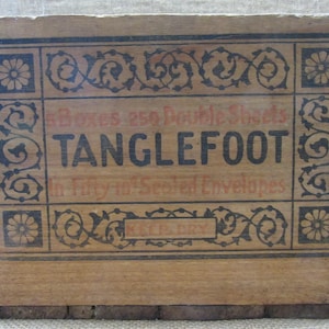RARE Vintage Tanglefoot Wooden Box > Wooden Sanitary Fly Destroyer Fruit Baskets Barrel Can Box Boxes Kitchen Decor Storage 11578