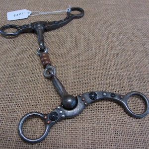 May include: A silver horse bit with a copper and black bead chain and decorative accents. The bit has two rings on each side.