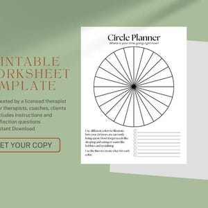 May include: Printable worksheet template with a circle planner design. The worksheet includes a circular diagram divided into segments, with space for notes and a key. Text includes "Circle Planner" and instructions.