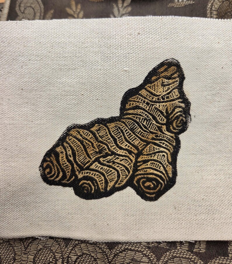 May include: A piece of off-white canvas fabric featuring a detailed, dark brown embroidered ginger root. The embroidery uses thick, bold lines to create a textured, stylized representation of the ginger, centered on the light-colored textile.