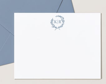 Personalized Stationery Set - Flat Note Cards & Envelopes - Vintage Couples Wedding Monogram Stationary - Custom Initials - Laurel Mono Flat