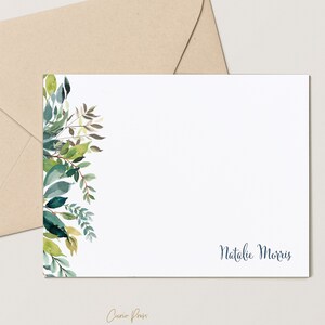 Personalized Floral Stationery Set, 4.25 x 5.5 or 5x7 Notecards with Envelopes, Green and Blue Florals, Elegant Script Font, Verdant Flat