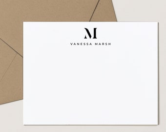 Single Letter Monogram Stationery Set for Men or Women, Monogrammed Flat Note cards with Envelopes, 4.25 x 5.5 or 5x7 Sizes, Luxe Mono Flat