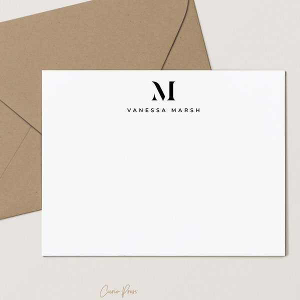 Single Letter Monogram Stationery Set for Men or Women, Monogrammed Flat Note cards with Envelopes, 4.25 x 5.5 or 5x7 Sizes, Luxe Mono Flat