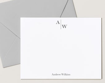 Personalized Monogram Flat Card Set, 4.25 x 5.5 or 5x7 Sized Notecards with Envelopes, Classic Serif Font, Mens Gift Set, Split Mono Flat