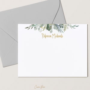 Personalized Watercolor Floral Greenery Stationery, Women Flat Notecard Set, Floral Bridal Set, 4.25 x 5.5 or 5x7 Notecards, Serenity Flat