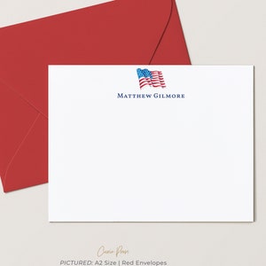 American Personalized Stationery, Patriotic Red White Blue, 4th of July, 4.25 x 5.5 or 5 x 7 Notecards with Envelopes, American Flag Flat