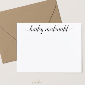 Elegant Personalized Stationery for Women, Custom Note Cards with Envelopes, Script Style, Your Choice of Colors, Graceful Script Flat