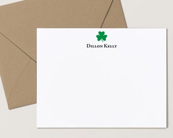 Shamrock Stationary Set, Custom Note Cards, Clover Personalized Stationery, Flat Note Cards and Envelopes, Green Clover Cards, Shamrock Flat