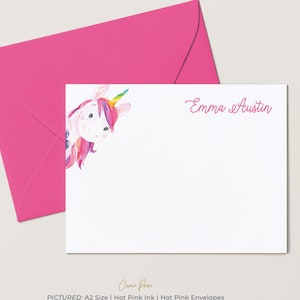 Personalized Rainbow Pink and Purple Girls Unicorn Stationery Card Set, Pen Pal Colorful Notecards with Envelopes // RAINBOW UNICORN FLAT