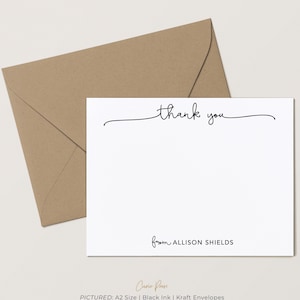 Personalized Thank You Flat Notecards, 4.25 x 5.5 or 5x7 Notecards with Envelopes, Script Wedding Thanks, Party Thank You, With Thanks Flat