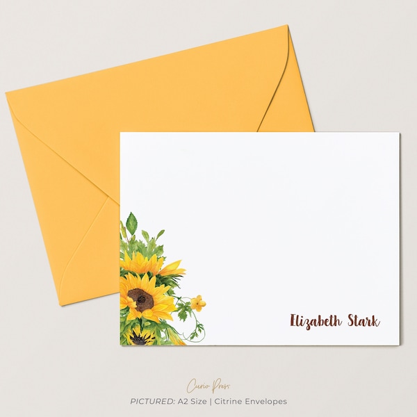 Customizable Sunflower Note Cards, Summer Set for Women, Flat 4.25 x 5.5 or 5x7 Notecards with Envelopes, Yellow Floral, Sunflower Flat