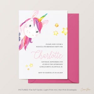 Personalized Unicorn Birthday Invitation - Colorful Watercolor Design - Curly Script Name - Customizable Ink Color - Unicorn Birthday