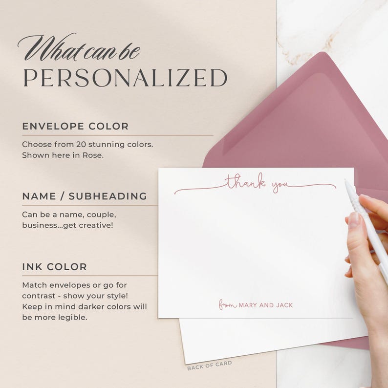 May include: A white thank you card with a pink envelope. The card has the text "thank you" in cursive and "from MARY AND JACK" at the bottom. The back of the card shows a list of personalization options, including envelope color, name/subheading, and ink color.