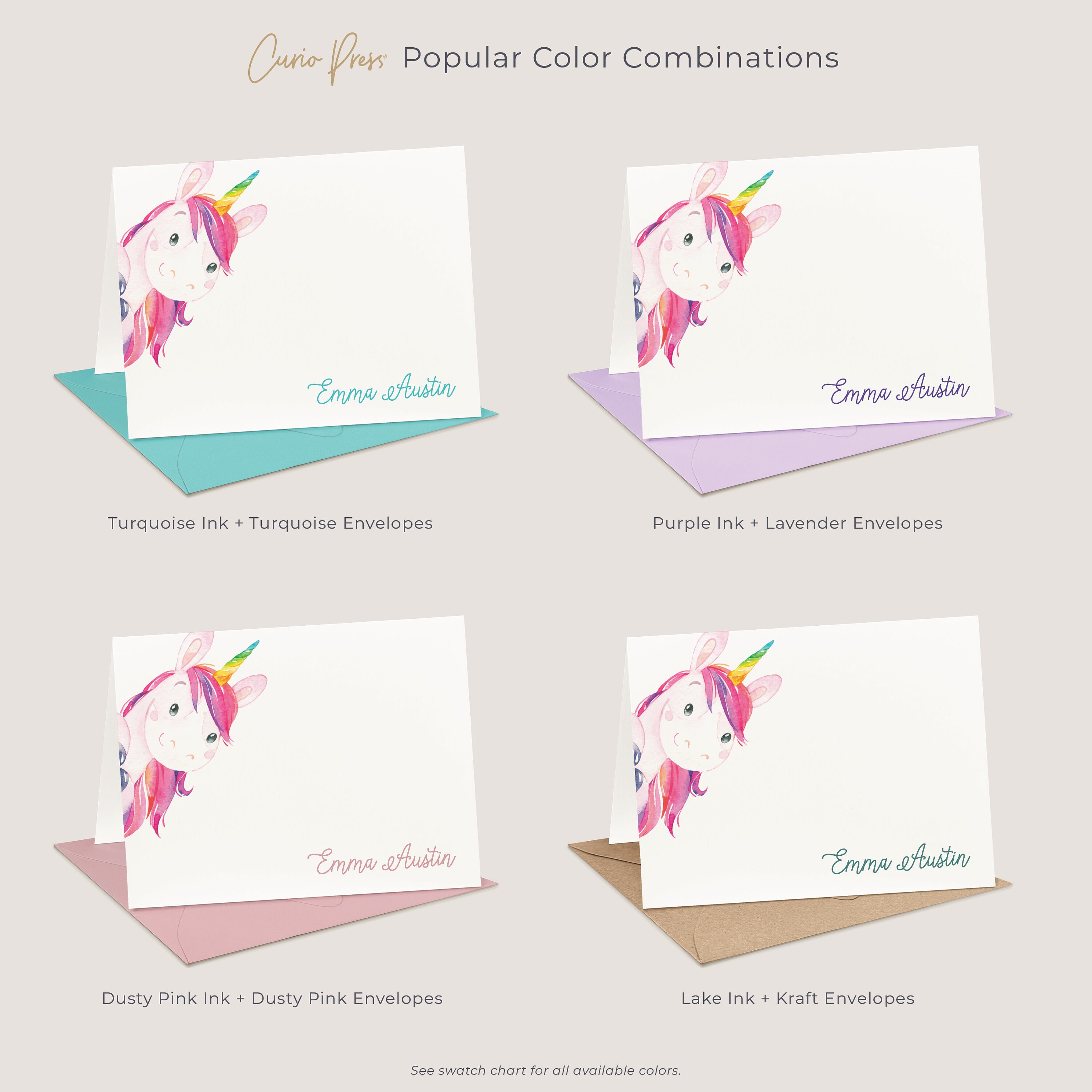 Girls Personalized Folded Unicorn Stationary With Envelopes, Unicorn Thank  You Notes, Girls Custom Unicorn Face Stationery Set, Cute, KS134 