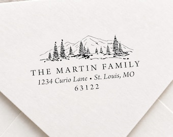 Personalized Mountain Return Address Stamp Self Inking | Custom Woodland Stamp for Envelopes, Housewarming Wedding New Home Realtor Gift