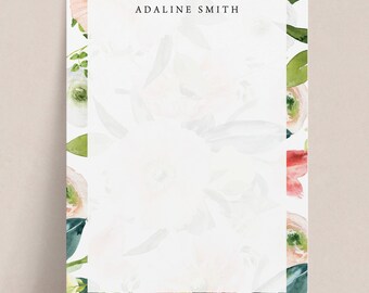 Custom Floral Border Notepad for Women, Pretty Personalized Adult Stationery, 4.25 x 5.5 inch, 5x7 inch, or 8x10 inch Size, Adaline Notepad