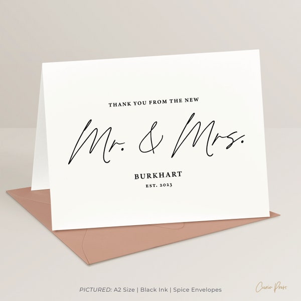 Personalized Newlywed Thank You Cards, Mr Mrs, Mr Mr, Mrs Mrs, Elegant Wedding Stationery, Gift for New Bride Groom, Newlywed Thank You Fold