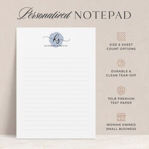 May include: Personalized notepad with a blue watercolour background and the initials "ks" for Kathryn Schultz. The notepad features lined paper and is described as durable, tear-off, 70lb premium text paper, and woman owned small business.