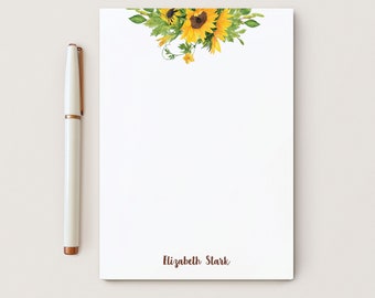Personalized Floral Stationery, 5x7 or 8x10 Notepad with 50 Sheets, Lined or Unlined Option, Yellow and Green Florals, Summer, Sunflower Pad