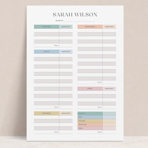 May include: A financial budget planner sheet with the name Sarah Wilson at the top. The document features sections for income, expenses, bills, debt, and savings, each with designated columns for amounts and totals, organized in a clean, grid-like layout.