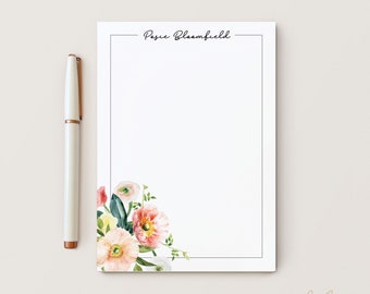 Personalized Floral Stationery Notepad, Watercolor Roses, Peonies in Light Pinks, White, Yellows, Customized Script Font, Posie Notepad